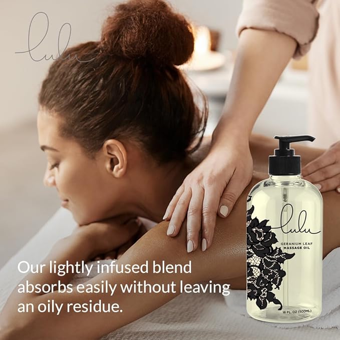 Lulu Geranium Massage Oil with Sweet Almond & Jojoba Oils Lightweight Non-Greasy Body Oil for Smooth Skin & Relaxation joint and muscle Aromatherapy for Couples Massage & Massage Therapy 16 fl oz Pump