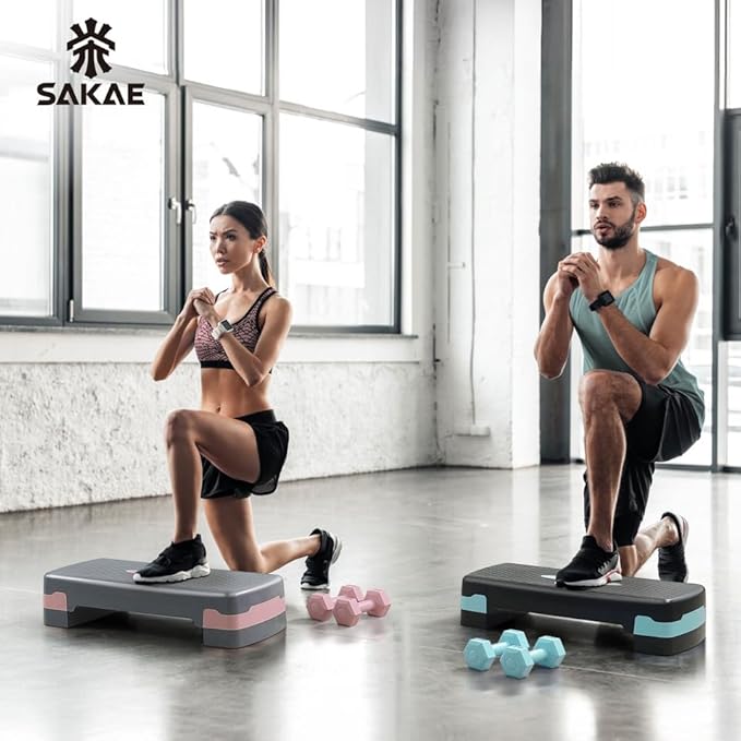 SAKAE Step Aerobics Platform Set with Dumbbells & Measuring Tape, Aerobic Steppers for Exercise at Home, Adjustable Height 2 Level Risers Workout Step Trainer with Non-Slip Surface, Multiple Colors