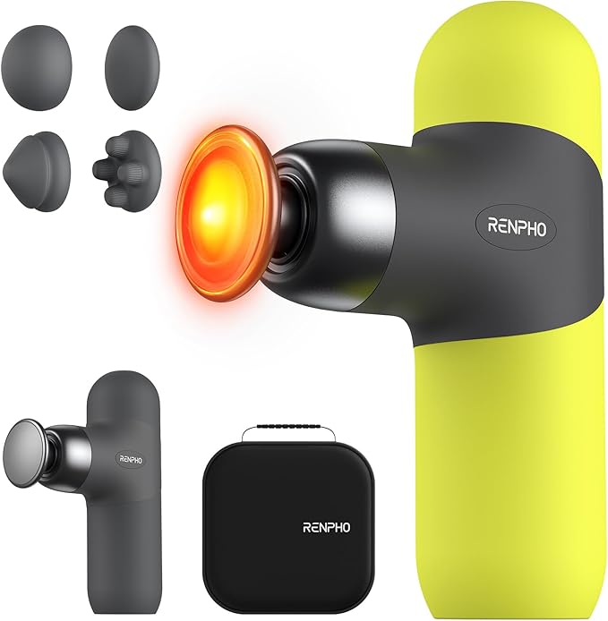 RENPHO Mini Thermal Massage Gun with Heat, Portable Deep Tissue Percussion Massager with 4 Heads for Neck & Back Comfort, Ultra-Quiet Operation for Home, Office & Travel, Includes Compact Carry Case