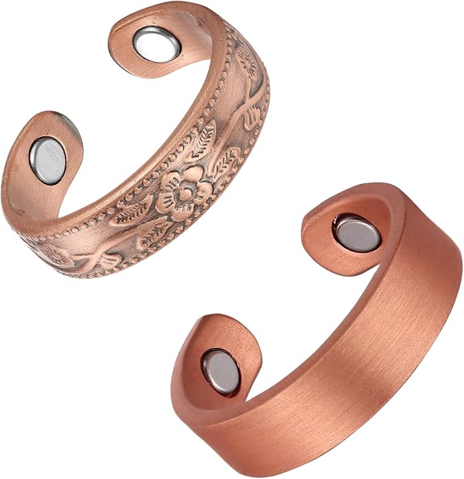 2PCS Magnetic Copper Rings for Women, Elegant Lymphatic Jewelry Gifts, Vintage Flower Adjustable Design(Copper)