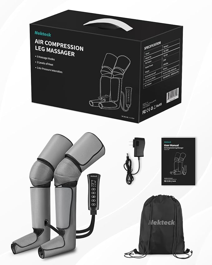 Nekteck Leg Massager for Circulation and Pain Relief, Air Compression Foot Calf Thigh Massager with 2 Heat and 3 Vibration Functions, 6 Modes 3 Intensities, Help for Muscles Relaxation