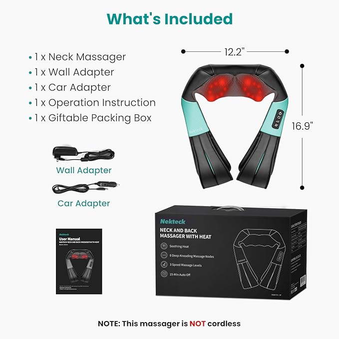 Nekteck Shiatsu Neck Massager with Heat for Pain Relief Deep Tissue, 2026 Upgraded 3D Back Shoulder Kneading Massage Pillow, Body Muscle Relaxation Tools Gifts for Him Her, Blue (NOT Cordless)