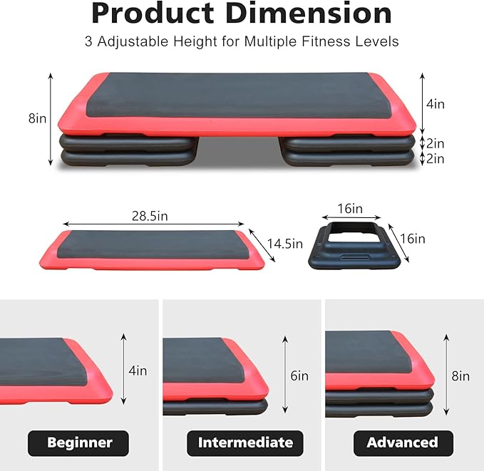 43'' Exercise Aerobic Step Platform, Adjustable Height 4-6-8in Exercise Stepper Workout with 4 Detachable Risers, Aerobics Stepper Workout Stepper for Home Gym Cardio Strength & Training