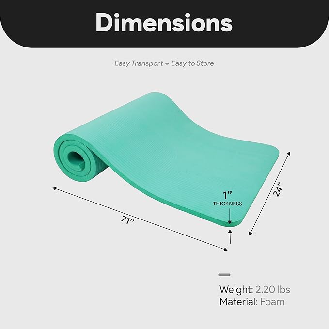BalanceFrom 71x24 Inches Extra Thick Yoga Mat 1-Inch High-Density Foam – Roll-Up Exercise Pad with Double-Sided Non-Slip Surface and Carrying Strap for Pilates and Home Workouts, Multiple Colors