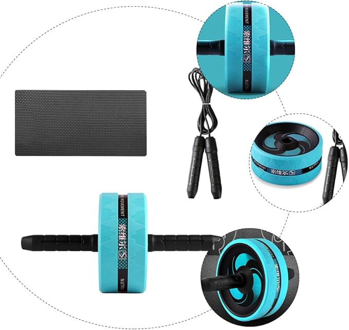 Ab Roller Wheel for Home and Exercise, Blue Silent Fitness Wheel with Knee Pad and Black Jump Rope Set, Core Strength Training Equipment for Abdominal Workout
