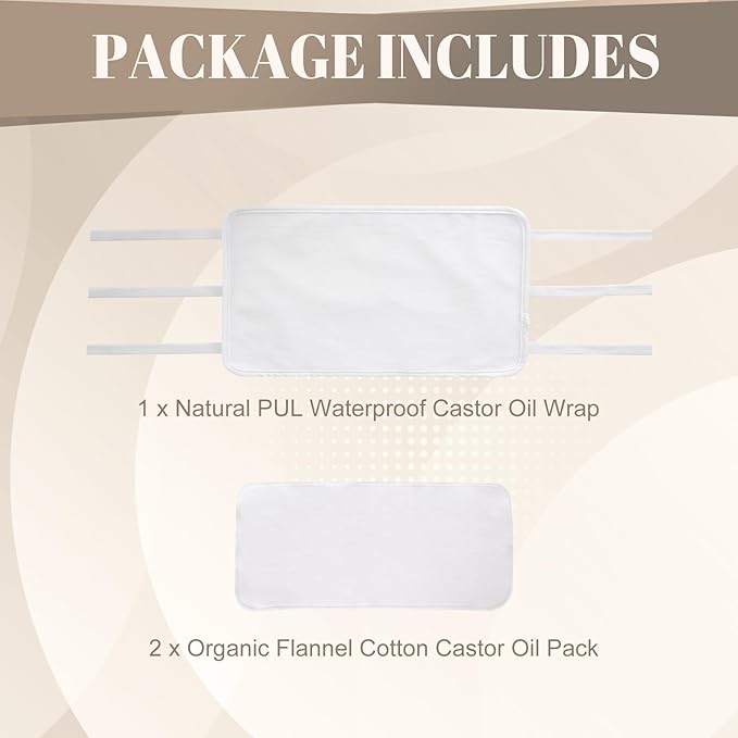 Castor Oil Pack Wrap with Straps (3 Pcs Set) – 1 Reusable Organic Cotton Castor Oil Wrap + 2 Cotton Flannels, Mess-Free Cotton Flannel Pads for Abdomen, Breast & Joints (Oil Not Included)