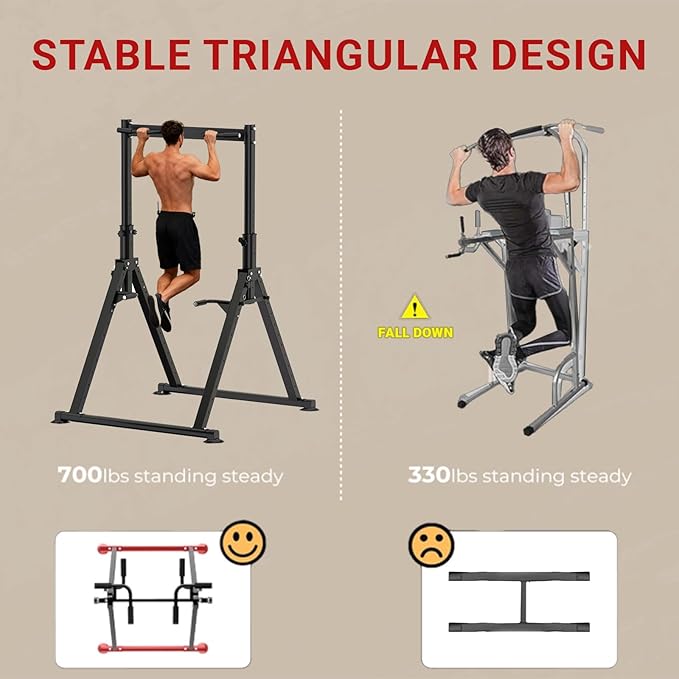 Folding Power Tower Dip Station Pull Up Bar, Multifunctional Pull Up Tower Adjustable Height, Triangular Structure Strength Training Workout Equipment for Home Gym Fitness
