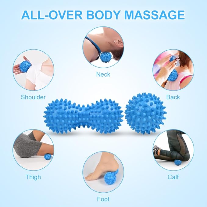 URAQT Spiky Massage Ball Set, 2 Pack Physical Therapy Massage Balls, Hard Lacrosse Ball & Spiky Massage Ball for Myofascial Release and Trigger Point Deep Tissue Massage (Blue)