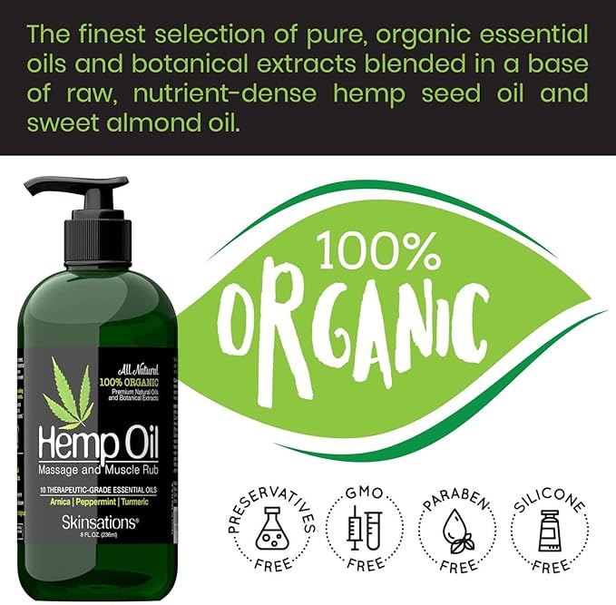 Skinsations - Hemp Massage Oil & Sore Muscle Rub – 100% Organic Relief with Arnica, Turmeric & 10 Essential Oils, Peppermint & Lavender in Sweet Almond & Hemp Seed Oil