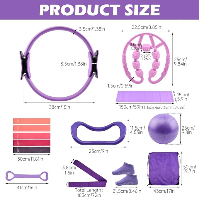 Pilates Essentials Kit for Women, 14 Pcs Pilates Equipment for Home Workouts with Yoga Circle Ball Ring, 5 Resistance Bands,Pedal Puller Resistance Band