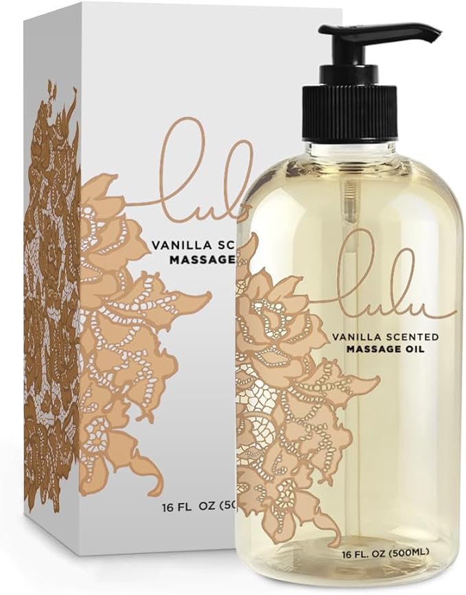 Lulu Vanilla Massage Oil with Fractionated Coconut & Cocoa Butter, Deeply Nourishing Non-Greasy Body Oil for Smooth Skin & Relaxation, for Date Night, Couples Massage & Massage Therapy, 16 fl oz Pump