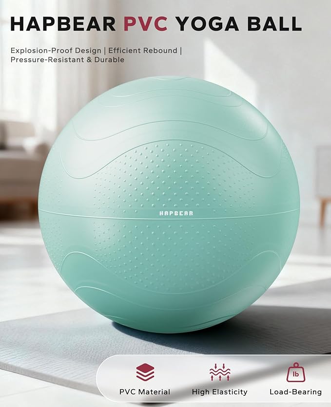 HAPBEAR Exercise Ball (22''/26''/30'') - Anti-Burst Slip-Resistant Yoga/Pilates Ball for Core Training & Posture Improvement, Home Gym/Rehab/Pregnancy Ball, Quick Pump & 3 Resistance Bands Included