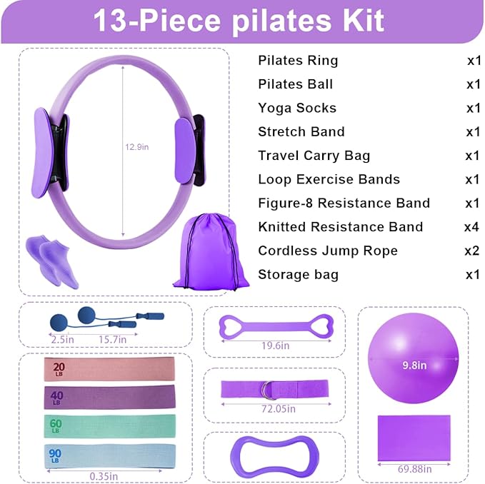 Pilates Essentials Kit for Women, Home Pilates Kit with 12.9" Ring and 9.8" Mini Ball, 4 Fabric Loop Bands, Figure-8 Band, Stretch Strap, Jump Rope, Carry Bag