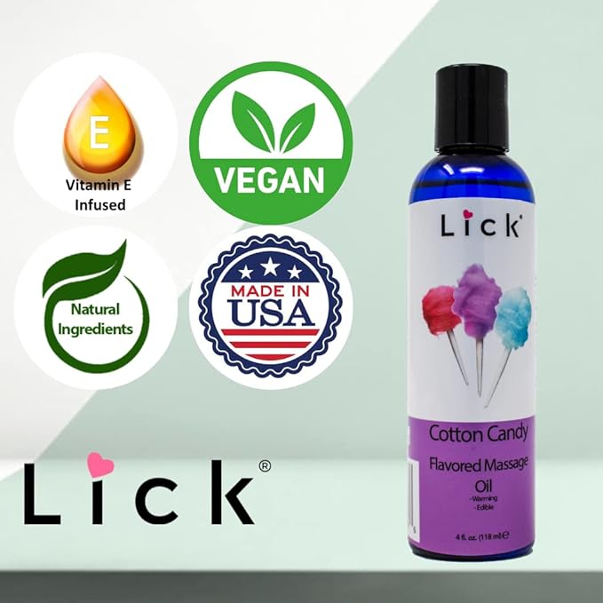 Lick Cotton Candy Flavored Massage Oil – Sweet Candy-Inspired Edible Massage Oil with Vitamin E, Silky Body-Safe Glide for Fun Couples Massage Moments, 4 oz