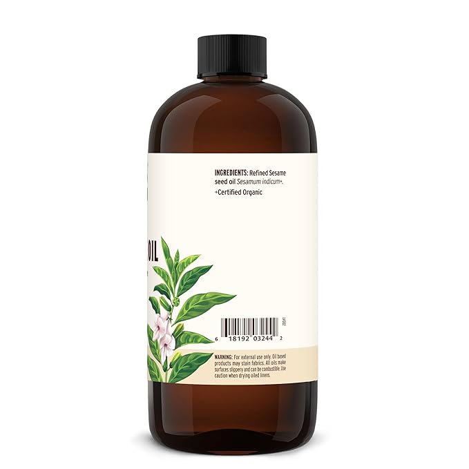 Banyan Botanicals Organic Refined Sesame Oil – Premium Ayurvedic Massage Oil for Body & Skin – Light & Mild Scented Warming Oil for Abhyanga Self-Massage – 16 oz – USDA Organic