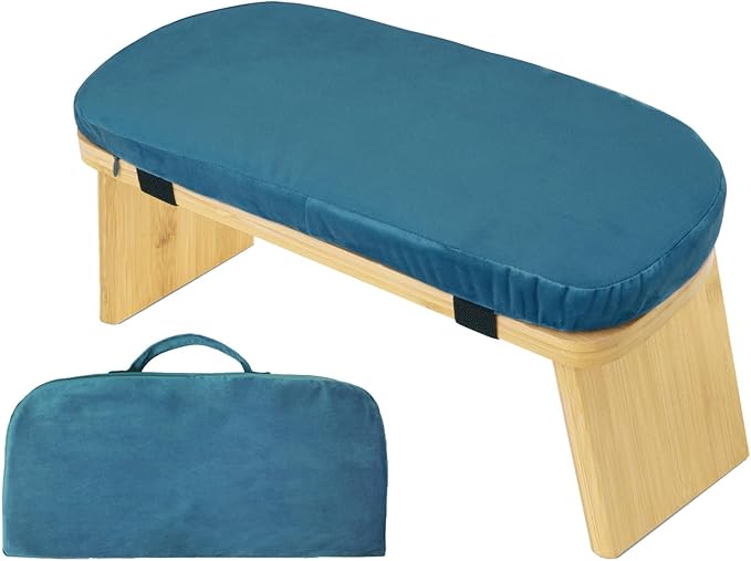Natural Beech Wood Yoga Bench, Ergonomic Design for Kneeling, Meditation, Pilates, FSC Certified (Blue)
