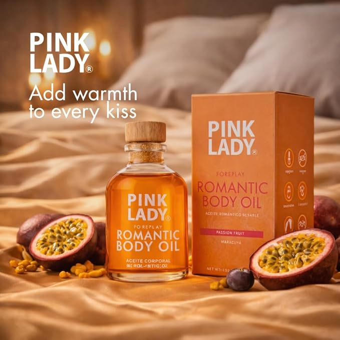 PINK LADY Romantic Body Oil Strawberry and Champagne - 1.90 fl oz / 56 ml - Kissable Warming Body Treat for Foreplay Fun, Water Based (Passion Fruit)