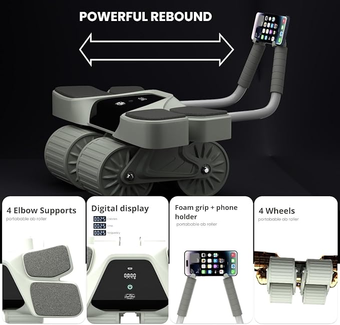 2026 New 4-Wheel Abdominal Roller with Elbow Support : Latest Upgraded High-Performance Exercise Machine With Automatic Rebound, Multi- layered Anti-Slip Design with Calorie Counting LCD Screen