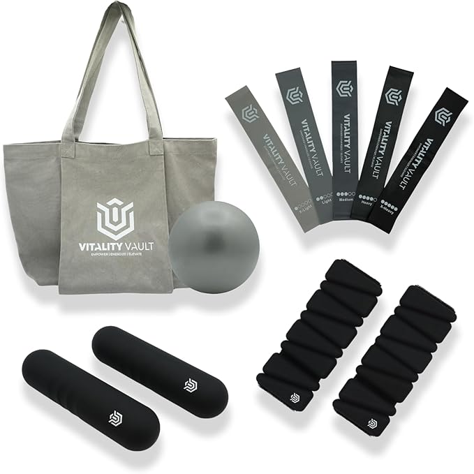 Pilates Pro Power Pack - Workout Essentials - 2.2lb Hand Weights, 2.2lb Ankle Weights/Wrist Weights, Resistance bands, Pilates Ball, Canvas Tote Bag - For Beginners or Advanced - Home or Gym/Studio Use.