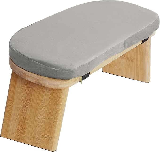 Bamboo Meditation Bench with Cushion, Folding Kneeling Meditation Bench, Portable Kneeling Chair for Kneeling or Sitting, 396.83lbs Load Max (Gray)