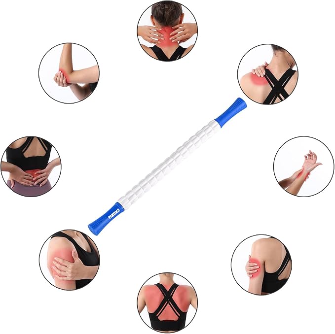 Muscle Roller Massage Roller Stick- Deep Tissue Fascia Blaster for Myofascial Pain Relief, Lymphatic Drainage & Body Sculpting, Handheld Physical Therapy & Recovery Tool (Blue White-24 inch)