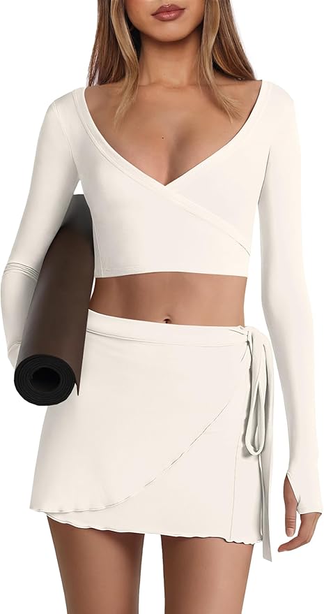 Nirovien Womens 2 Piece Workout Sets Sexy Pilates Outfits Athletic Gym Yoga Sets Ballet Wrap Top and Skirt