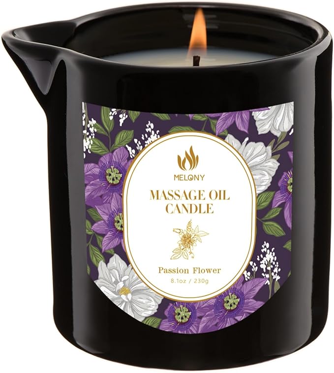 MELONY Massage Oil Candles, Essential Oil Candle Lotion, 8.1OZ/230g, Home Spa with Luxurious Body Oil, Intensive Skin Treatment Candle, Low Temp Body Safe Wax (Passion Flower)