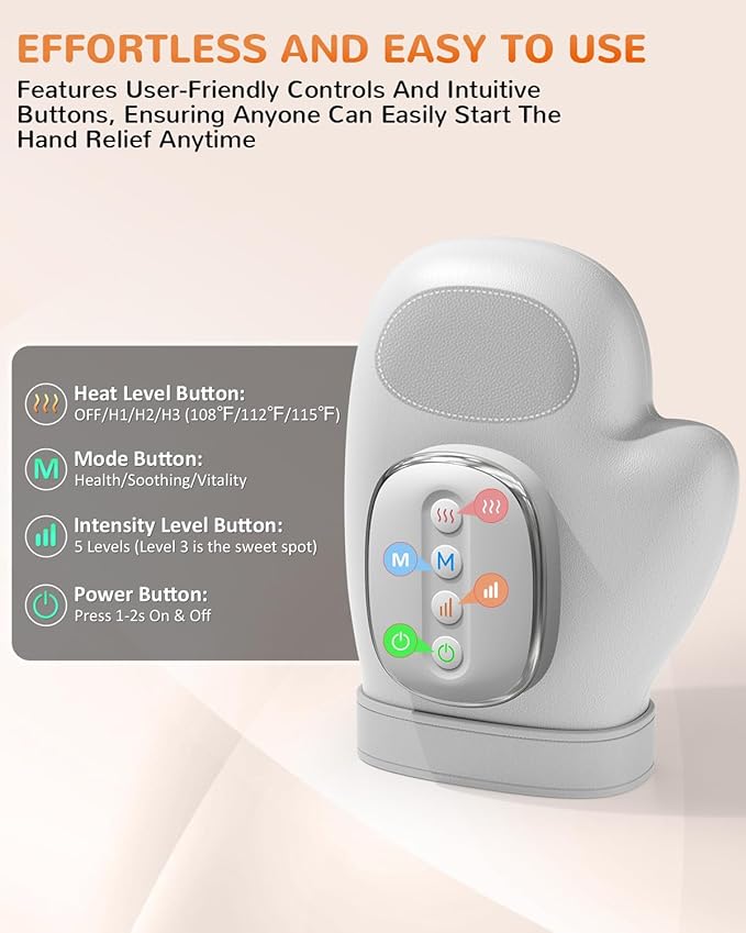 Hand Massager with Heat and Compression: Cordless Hand Massage Glove with 3 Modes, 5 Intensity & 3 Heat Therapy for Arthritis Carpal Tunnel Pain Relief-Valentine's Birthday Gifts for Women, Men(Gray)