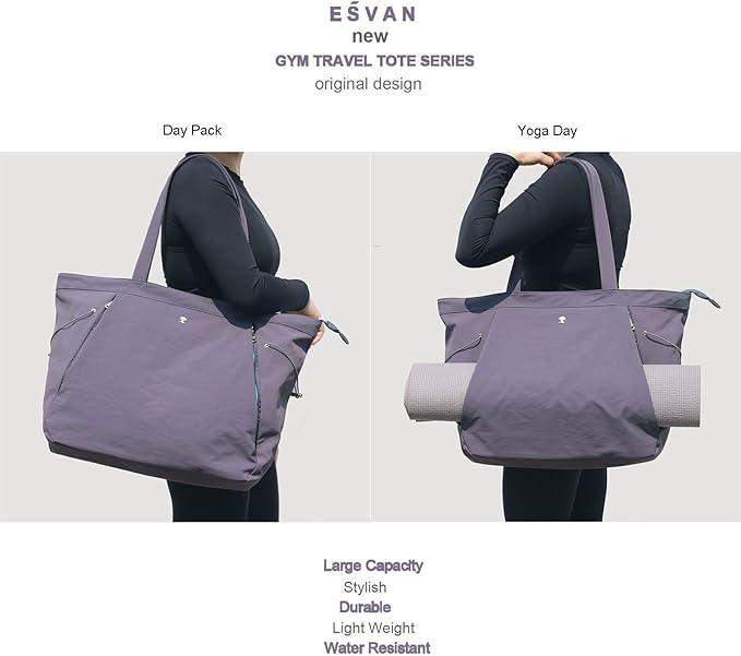 ESVAN Yoga Tote Bag for Women Shoulder Bags Drawstring for Office Workout Travel Carryall Pilates Gym and Beach