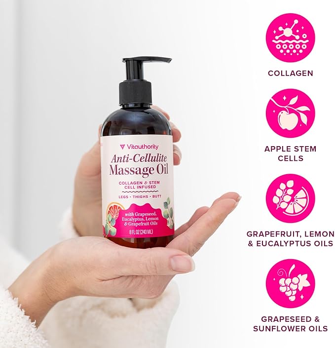 Anti-Cellulite Massage Oil with Collagen Stem Cells Fast-Absorbing Hydrating Body Oil for Thighs, Hips & Curves, Firming and Smoothing Formula with Grapefruit Lemon & Eucalyptus Essential Oils 8 Fl Oz