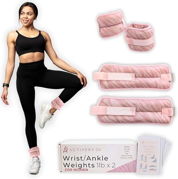 Wrist & Ankle Weights for Women, Ideal for Fitness Workout, Gym, Pilates, Dance, or Yoga, Includes Exercise Guide & Mesh Travel Bag, 1 Pair, 1 Lb Each, Pink Zebra Print