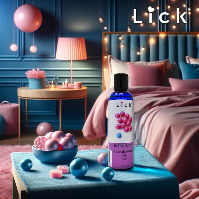 Lick Bubble Gum Flavored Massage Oil – Candy-Inspired Edible Massage Oil with Sweet Almond Oil & Vitamin E, Playful Smooth Glide for Couples Massage, 4 oz