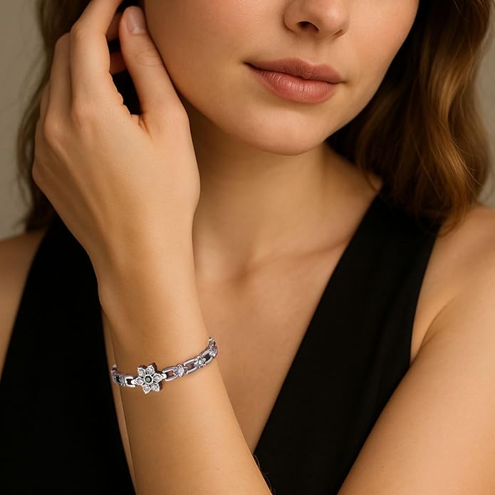 RainSo Women's Magnetic Snowflake Bracelet - Stainless Steel Bracelet - Deep Green Gemstone and Crystal Inlay Design - Adjustable Size Comes with Gift Box -Christmas Holiday Gifts for Her