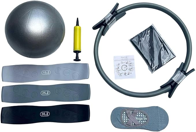Pilates Ring Set for Home Workouts Women, Pilates Kit with Resistance Bands Magic Circle Accessories, Exercise Ball 9.8”, Portable Fitness Equipment for Home, Gym, Office Workouts