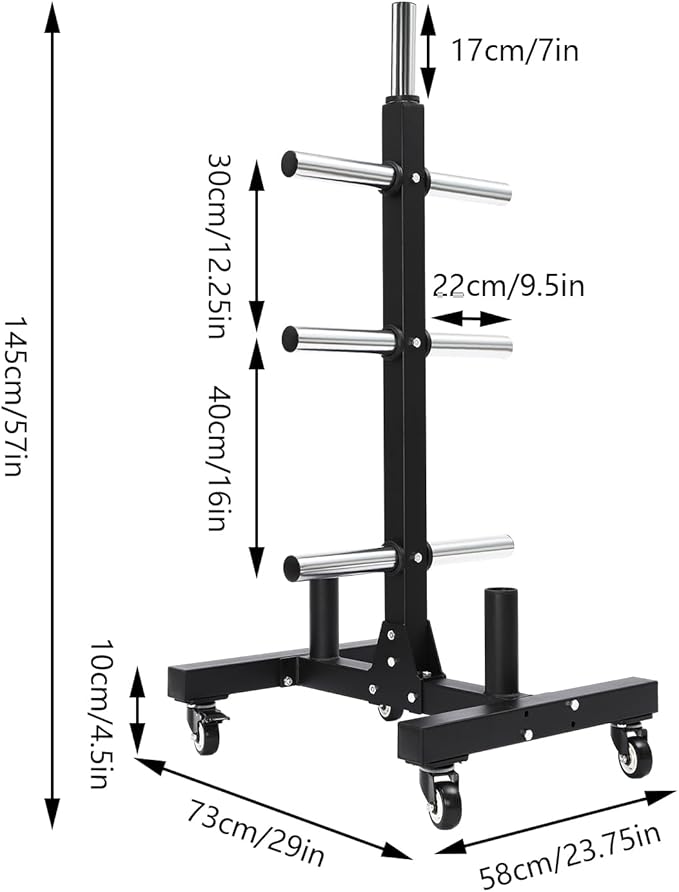Olympic Weight Plate Tree, Olympic Weight Plate Rack with 6 9.5 in storage posts & bar holders Barbell Plate and Dumbbell Racks Tree with Brake universal wheel Load-bearing 1100lbs