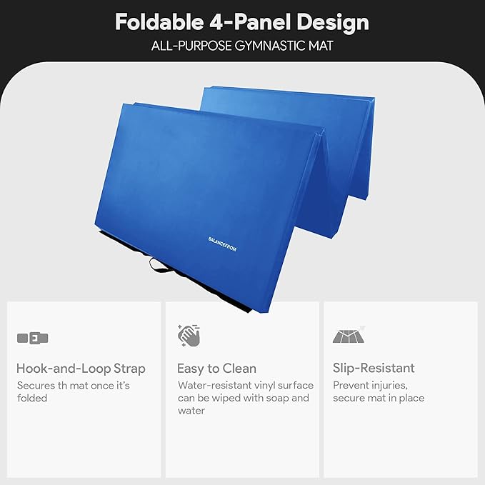 BalanceFrom 10x4 Feet 4-Panel Folding Gymnastics Mat – 2-Inch Thick Pad with Vinyl Surface and Carrying Handles for Tumbling, Yoga, Pilates, Home Workouts, and Martial Arts