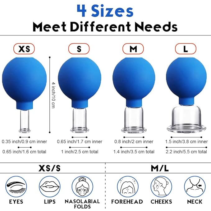 4 PCS Glass Facial Cupping Set | Silicone Vacuum Suction | Cupping Massage Therapy | A Kit for Anti Cellulite, Anti Wrinkle and Instantly Ageless Skin | for Eyes, Face and Body