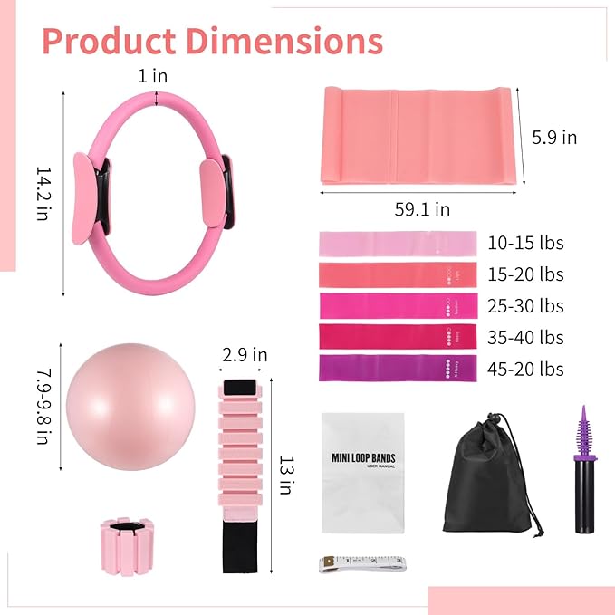 Yoga Full Body Training Pilates Kit for Women, Pilates Ring Set, Weights, Resistance Bands, Pilates Ball for Home Workout, Plus Tape Measure