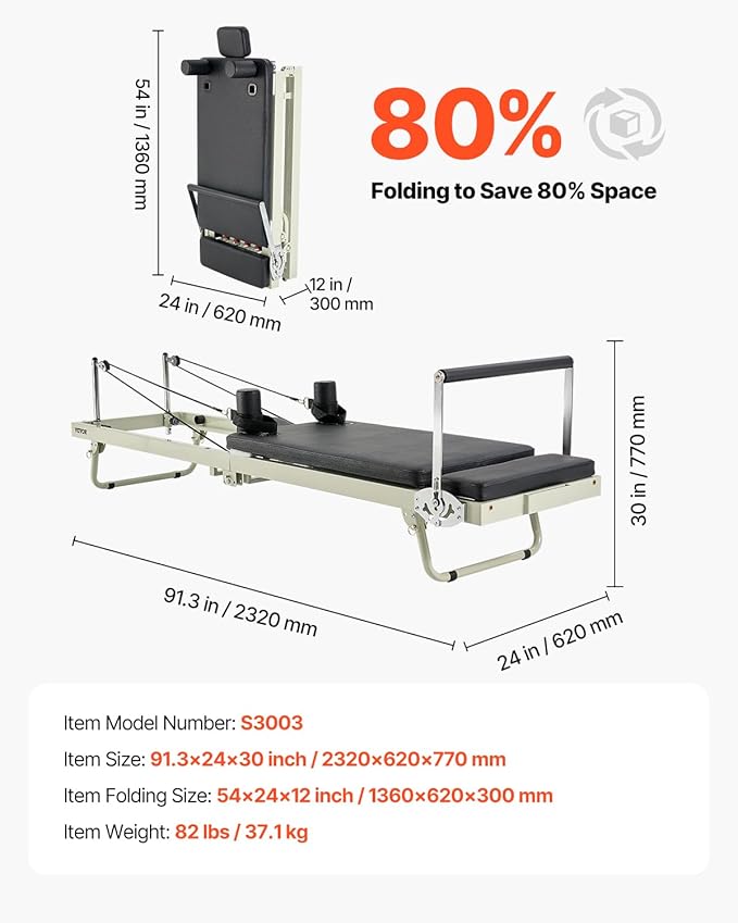 VEVOR Pilates Reformer, 91" Foldable Reformer Pilates Machine with Adjustable Reformer Heights, Pilates Equipment for Home Gym Studio Use with Dual Resistance Spring and Jump Boards