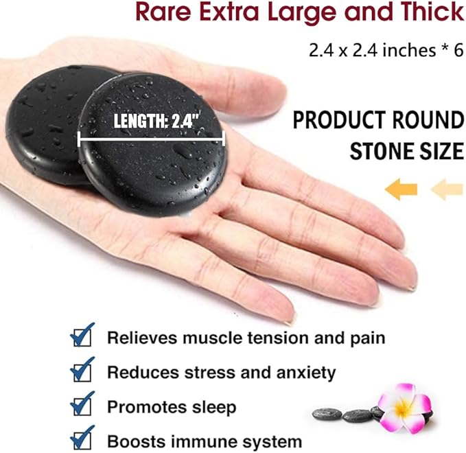 Maxdee Massage Stones Essential Hot Stones for Massage, 6 Medium Hot Stones Massage Kit Hot Rocks Massage Stones for Professional or Home Spa, Foot Heater, Relaxing, Healing, Pain Relief, 2.4"
