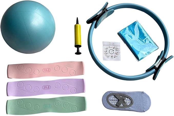 Pilates Ring Set for Home Workouts Women, Pilates Kit with Resistance Bands Magic Circle Accessories, Exercise Ball 9.8”, Portable Fitness Equipment for Home, Gym, Office Workouts