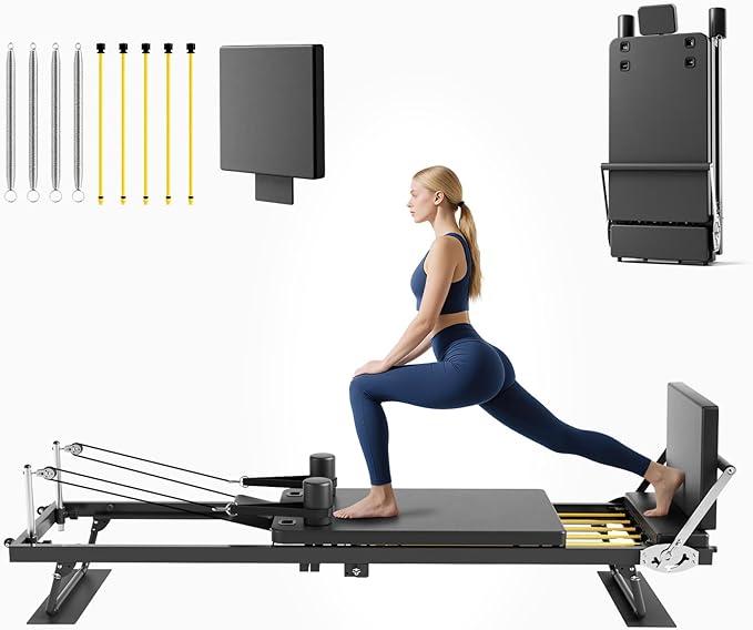 Pilates Reformer Machine, 91" Foldable Reformer Pilates Machine with Jumpboard and Wire Spings, Reformer Pilates Machine for Home Gym, Black