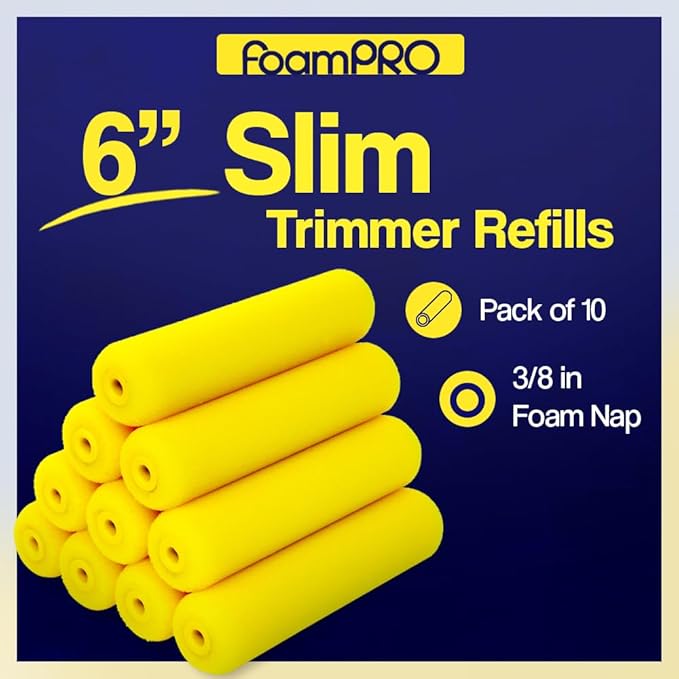 FoamPRO 75RS Slim Trimmer Roller Refills, 6" x 3/8" - High-CapacityFoam Refills for Bathrooms, Kitchens, Closets 7 Confined AreasSmooth & Even Paint Application - Works with All Paints- 10 Pack