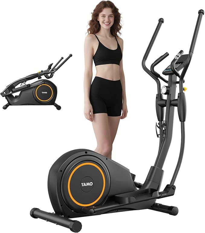 YAMO Folding Elliptical Machine, Elliptical Exercise Machine for Home with Hyper-Quiet Magnetic Driving System, Elliptical Trainer with 17.2IN Stride LCD Monitor Support, 300LBS Weight Capacity