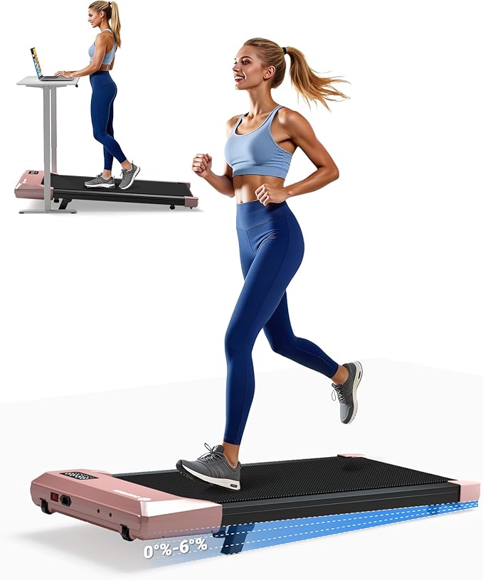 DeerRun Under Desk Walking Pad Treadmill with 6% Manual Incline, 0.6-3.8 MPH Walking Speed, 2.5 HP, 300 lb Capacity, App & Remote Control, for Home Office & Small Spaces