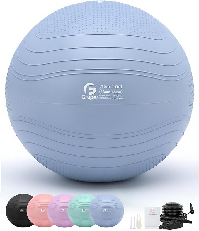 Gruper Yoga Ball, Extra Thick Exercise Ball for Workout Pregnancy Stability - 4 Sizes Anti Burst Balance Ball for Yoga, Pilates, Fitness, Birthing, Physical Therapy - Includes Pump