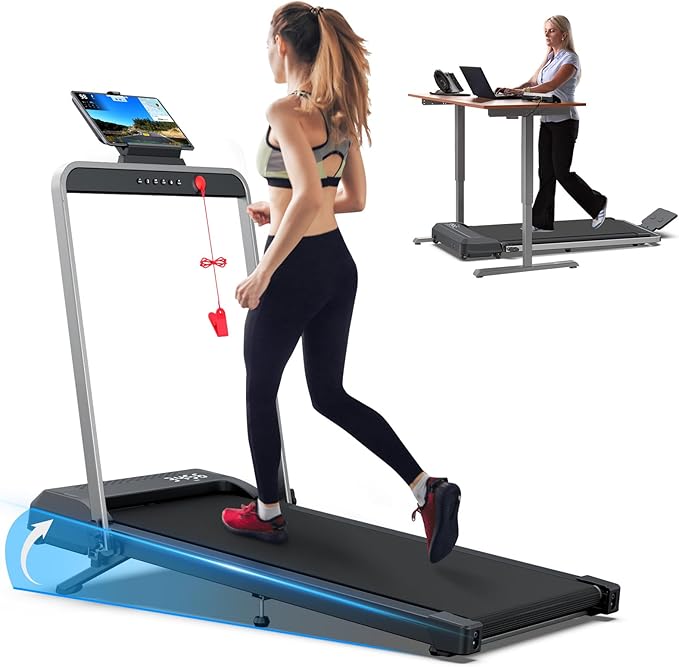 WELLFIT Folding Treadmills with Incline, Under Desk Walking Pad, Treadmill for Home Office with Handle Bar, 4 in 1 Smart Treadmill Work with KINOMAP Easy Move Upright Place, Manual Auto Incline Option