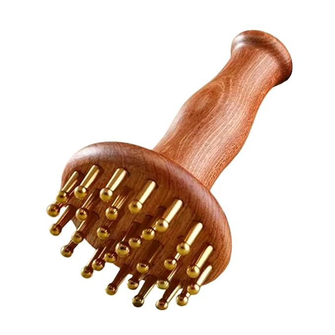 Sandalwood Meridian Massage Brush with Brass Points for Scalp and Full Body - Manual Wooden Comb for Muscle Tension Relief Relaxation Tool