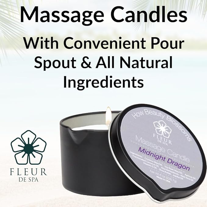 FLEUR DE SPA Massage Oil Candle – 6oz with Pour Spout – Made in USA – All Natural Coconut & Soy Blend – Melts to Warm, Alluring & Hydrating Body Oil – Perfect Spa & Gift Candle (Midnight Dragon)