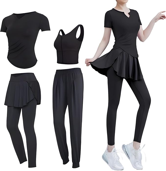 Women’S 4-Piece Pilates Workout Set, Tank Bra, Short-Sleeve Shirt, And Leggings, Polyester/Spandex, Size Xxl For 135-150